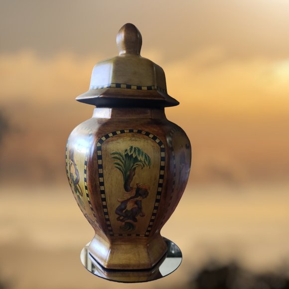 Aztek Monkey & Palm Tree Ginger Jar - Large Ceramic - Bronzed - Picture 1 of 10